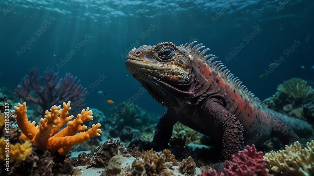 portrait of a medium marine iguana on a coral reef with a blurred background portrait of a medium marine iguana on a coral reef with a blurred background