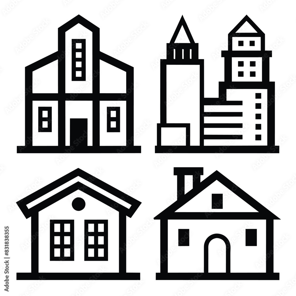 Set of Solid black outline building icon, house vector, structure on white background