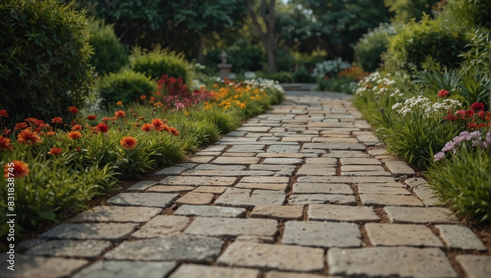 Charming Garden Pathway with Colorful Flowers and Lush Greenery on a Sunny Day Charming Garden Pathway with Colorful Flowers and Lush Greenery on a Sunny Day
