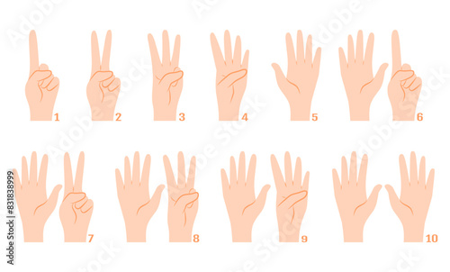 Set of human hands gesture fingers count from one to ten flat design illustration