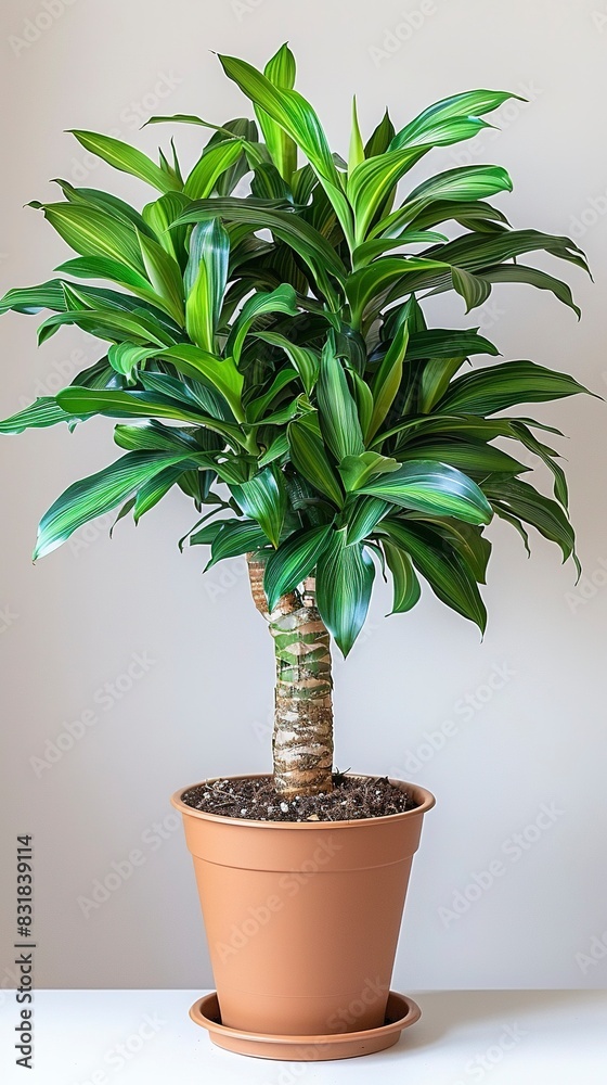 A vibrant green potted houseplant with broad leaves in a brown planter, ideal for home or office spaces on a neutral background. A vibrant green potted houseplant with broad leaves in a brown planter, ideal for home or office spaces on a neutral background.