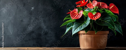 A vibrant potted plant with striking red flowers set against a dark rustic background, perfect for home decor or botanical themes. © Chananporn