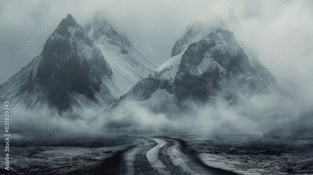 Fototapeta premium Morning mountain landscape with clouds and alpine panorama. Morning mist, breathtaking natural scenery Travel and tourism concept images, refreshing and relaxing nature images 