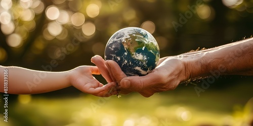 close-up of senior hands giving a small planet Earth photo