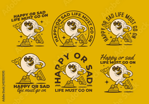 Happy or sad, life must go on. Mascot character of ball head in running pose