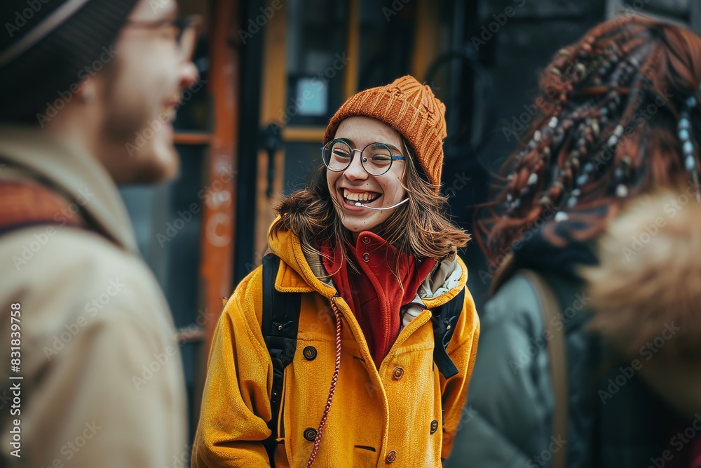 Portrait of smiling young woman in eyeglasses walking on the street