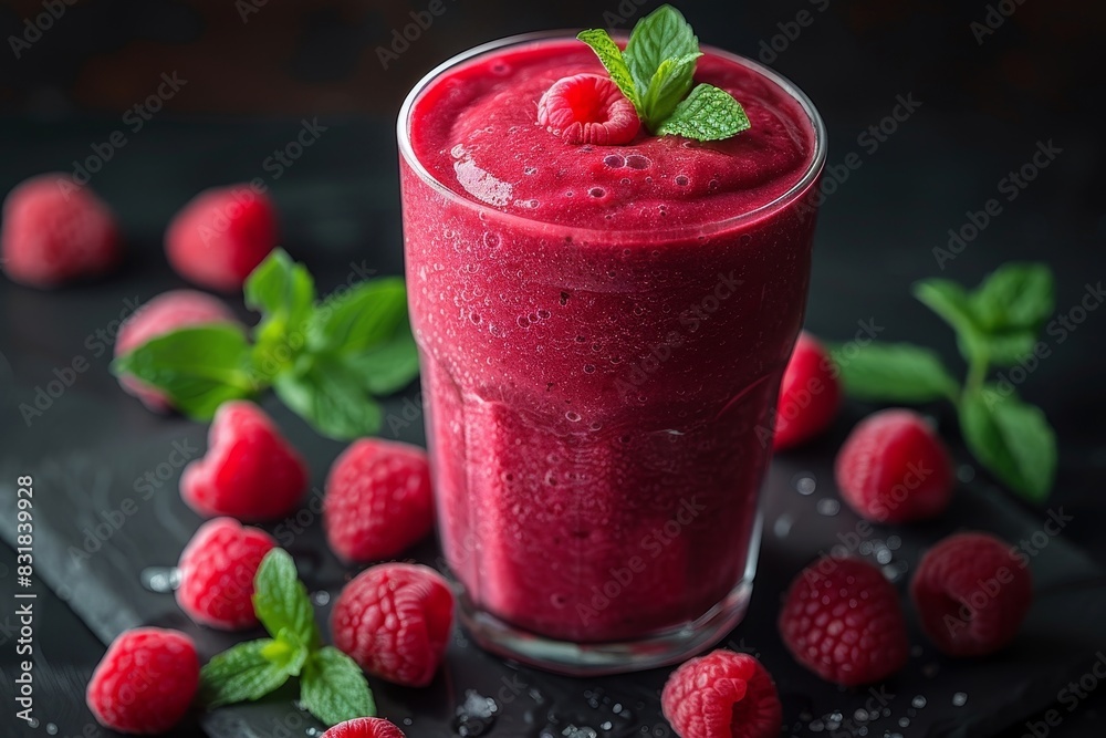 Raspberry Mint Smoothie - Deep red with fresh raspberries and mint leaves. Raspberry Mint Smoothie - Deep red with fresh raspberries and mint leaves.