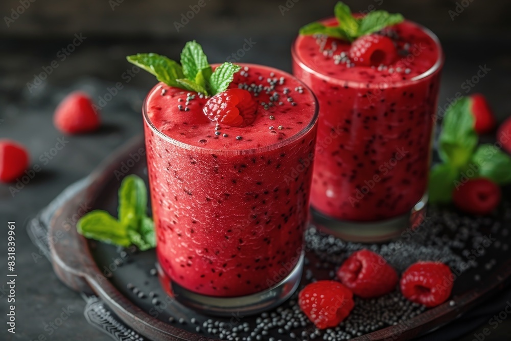 Raspberry Mint Smoothie - Deep red with fresh raspberries and mint leaves. Raspberry Mint Smoothie - Deep red with fresh raspberries and mint leaves.