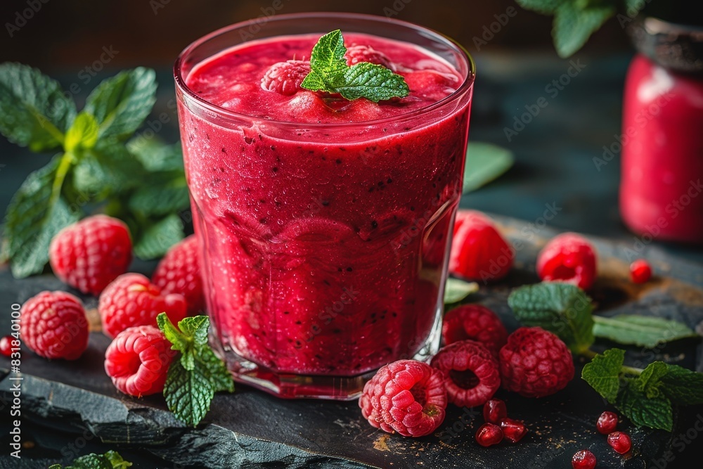 Raspberry Mint Smoothie - Deep red with fresh raspberries and mint leaves. Raspberry Mint Smoothie - Deep red with fresh raspberries and mint leaves.