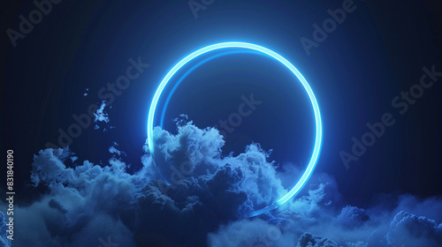 Ultramarine neon ring brightens a cloudy dark sky in a 3D widescreen view, photo