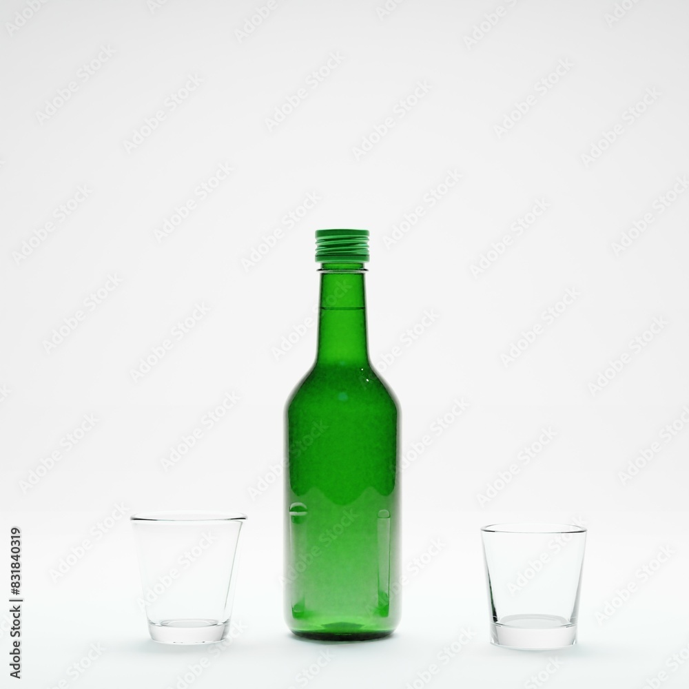 3d render of isolated studio korean soju bottle alcohol beverage and glass for drinking or drunk concept 3d render of isolated studio korean soju bottle alcohol beverage and glass for drinking or drunk concept