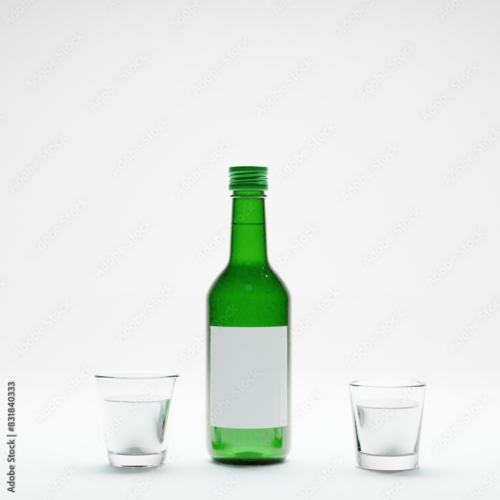 3d render of isolated studio korean soju bottle alcohol beverage and glass for drinking or drunk concept 3d render of isolated studio korean soju bottle alcohol beverage and glass for drinking or drunk concept