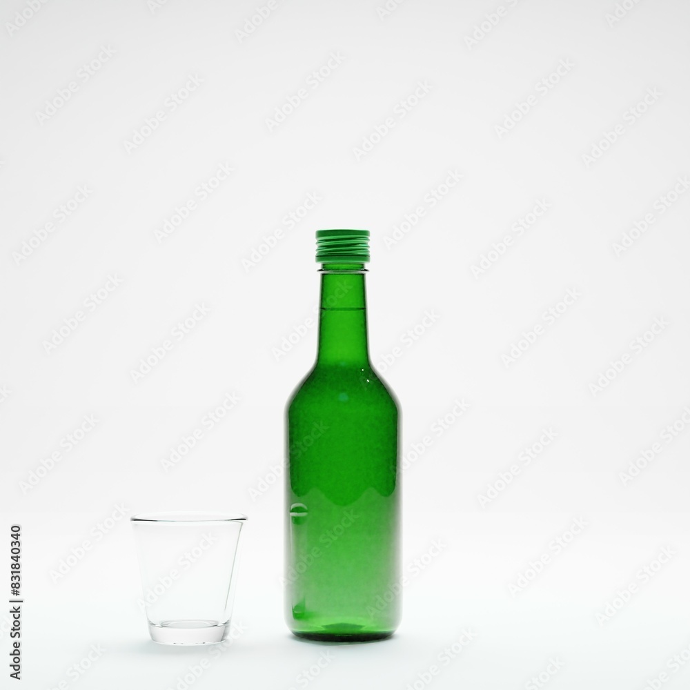 3d render of isolated studio korean soju bottle alcohol beverage and glass for drinking or drunk concept 3d render of isolated studio korean soju bottle alcohol beverage and glass for drinking or drunk concept
