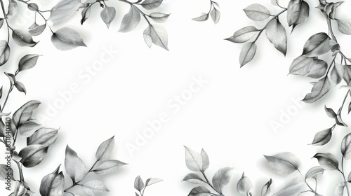 Green leaves border isolated on white background. Frame of branches and leaves