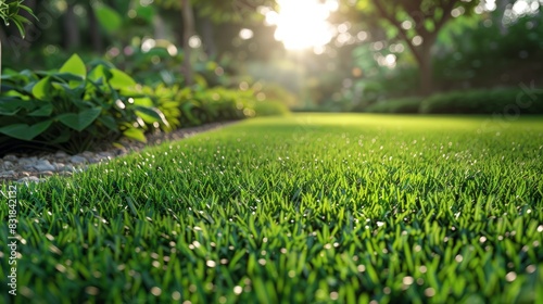 The front lawn has clean  simple green grass. Meticulously cut and trimmed to perfection. A consistent appearance is both attractive and appealing. Create a fun play area