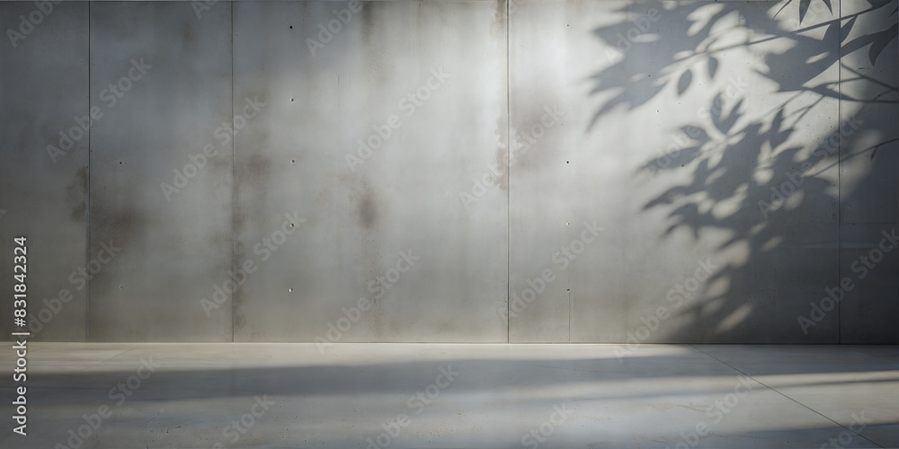 Fototapeta premium Concrete Wall Leaf Shadows: A neutral grey concrete wall and floor with delicate leaf shadows, ideal for an industrial-style product display. 