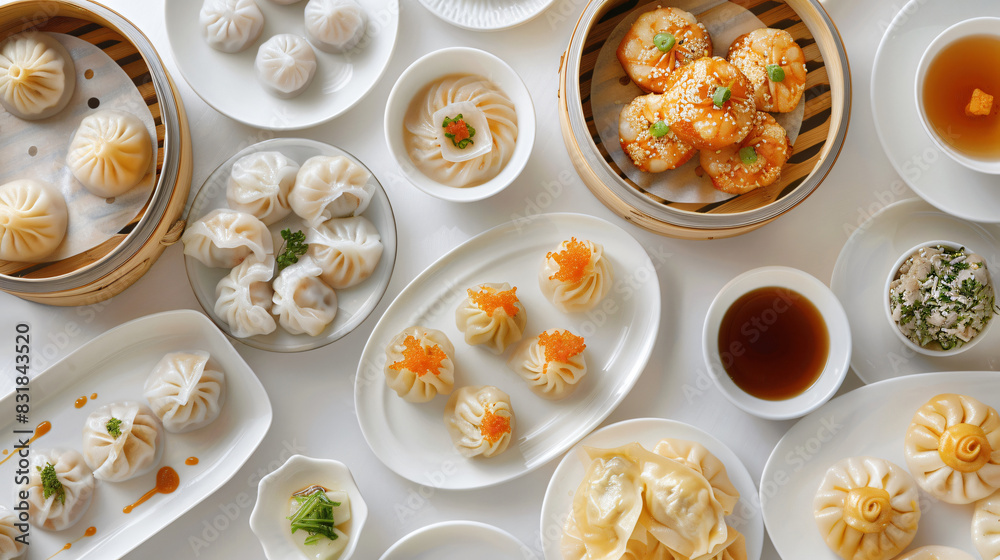 Variety of Chinese Dumplings on White Background for Food and Cuisine with copy space text for restaurants and food blogs Variety of Chinese Dumplings on White Background for Food and Cuisine with copy space text for restaurants and food blogs
