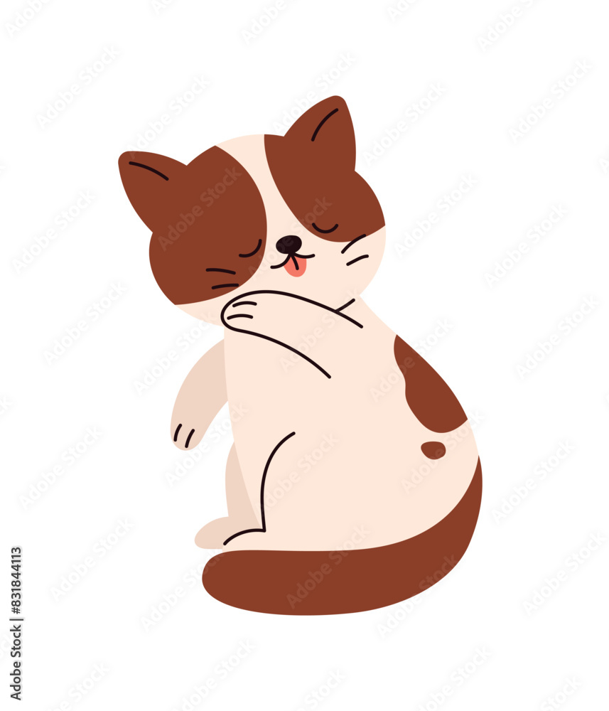 Fototapeta premium Naughty cat licking fur, playful kitten. Flat cartoon style vector illustration isolated on white background