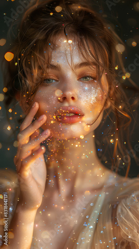 Model Blowing Glitter with Sparkling Bokeh Effect in Magical, Dreamy Setting During Twilight