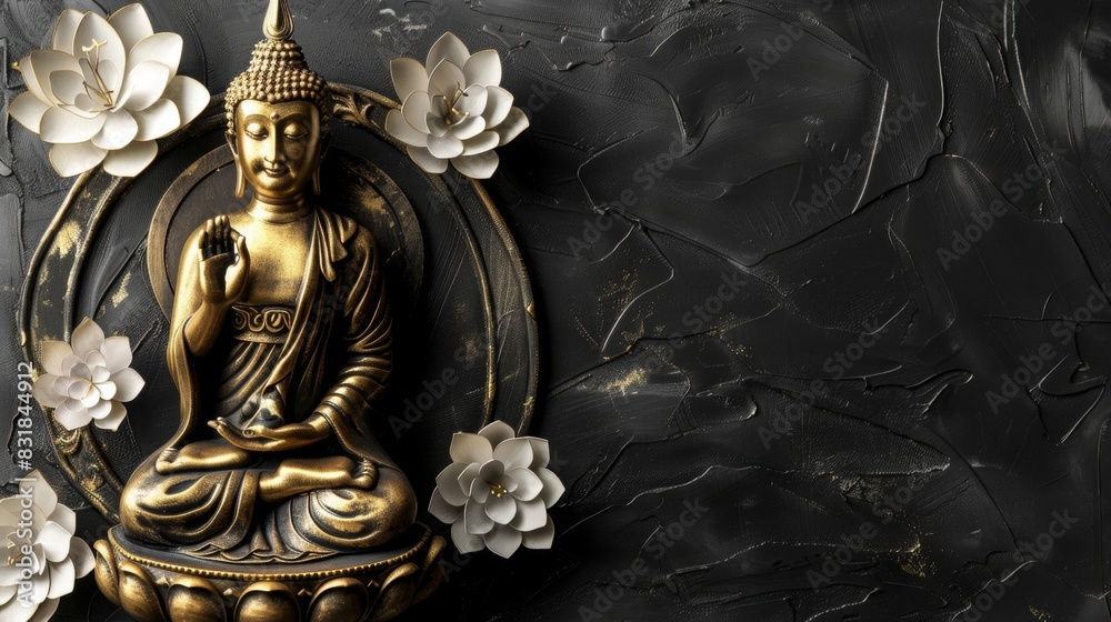Golden Buddha statues and white lotus flowers placed on a black background create a serene atmosphere.