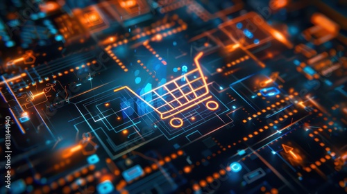 A dynamic CGI background featuring a glowing shopping cart icon surrounded by digital circuitry and futuristic elements. © Wattana