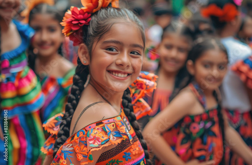 Dance festival in the streets with young girls wearing traditional Mexican dress and braids, dancing while smiling at the camera.