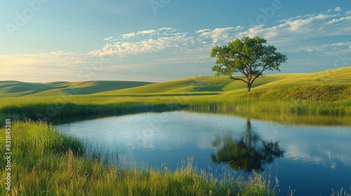 A peaceful countryside scene with rolling hills, a tranquil pond, and a lone tree standing against the horizon, embodying the tranquility and serenity of rural life.
