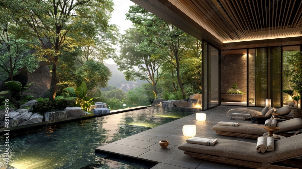 A peaceful spa terrace overlooking a tranquil garden or scenic landscape, with comfortable seating, soft lighting, and a serene ambiance, offering a tranquil setting for relaxation