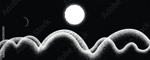 Star and planet in space. Futuristic landscape, with noise texture . Night landscape with starry sky and clouds .Vector illustration, screen print texture