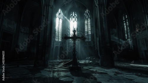 Ancient Cross in Dark Abandoned Cathedral 