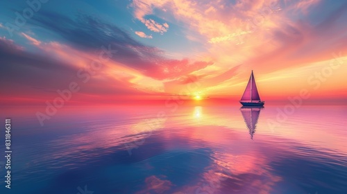 A serene seascape with a lone sailboat on calm waters, the sky painted in pastel hues during sunset, symbolizing tranquility and freedom, ideal for illustrating the concept of find photo