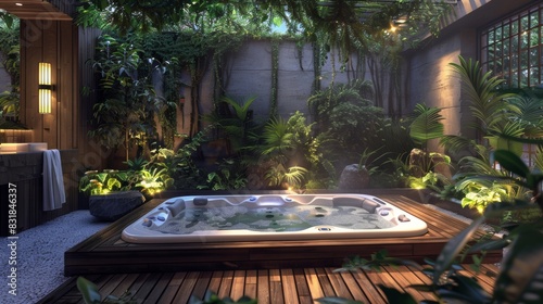A serene outdoor spa setting with a hot tub surrounded by lush greenery and soft lighting  inviting viewers to relax and rejuvenate in nature s embrace.
