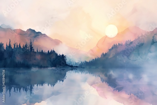 Serene watercolor landscape of a lake with mountain reflections, captured at sunrise with a pastel sky and soft lighting © Panuma