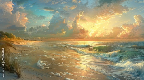 A tranquil coastal sunset, with soft pastel colors painting the sky and the sound of gentle waves lapping at the shore, creating a serene and peaceful atmosphere.