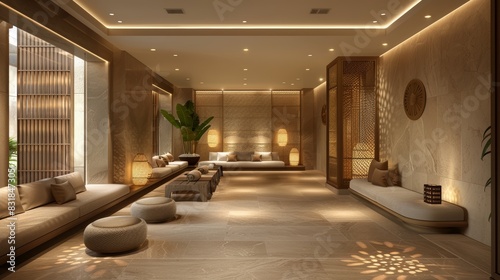 An elegant spa reception area with comfortable seating, soft lighting, and a calming ambiance, welcoming guests to unwind and indulge in a range of luxurious treatments and therapi © MAY