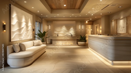 An inviting image of a spa reception area  with plush seating  soft lighting  and tranquil decor  creating a welcoming space for clients to relax before their rejuvenating massage