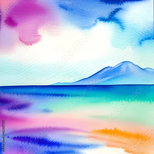 Spring watercolor sea and mountin. Outdoor natural background, beautiful landscape, colorful painting AI	 (ID: 831847910)