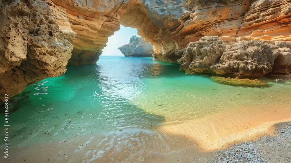 A secluded cove, crystal-clear water, and a sandy beach framed by sea arches. Perfect for solitude and beauty.