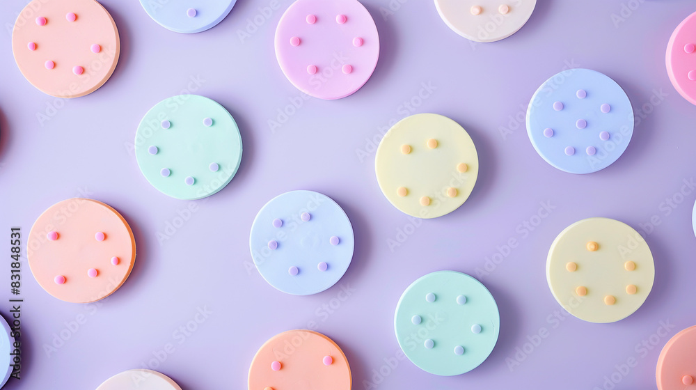 Whimsical pastel circles on a violet background bring a retro, dreamlike touch to creative spaces, Whimsical pastel circles on a violet background bring a retro, dreamlike touch to creative spaces,