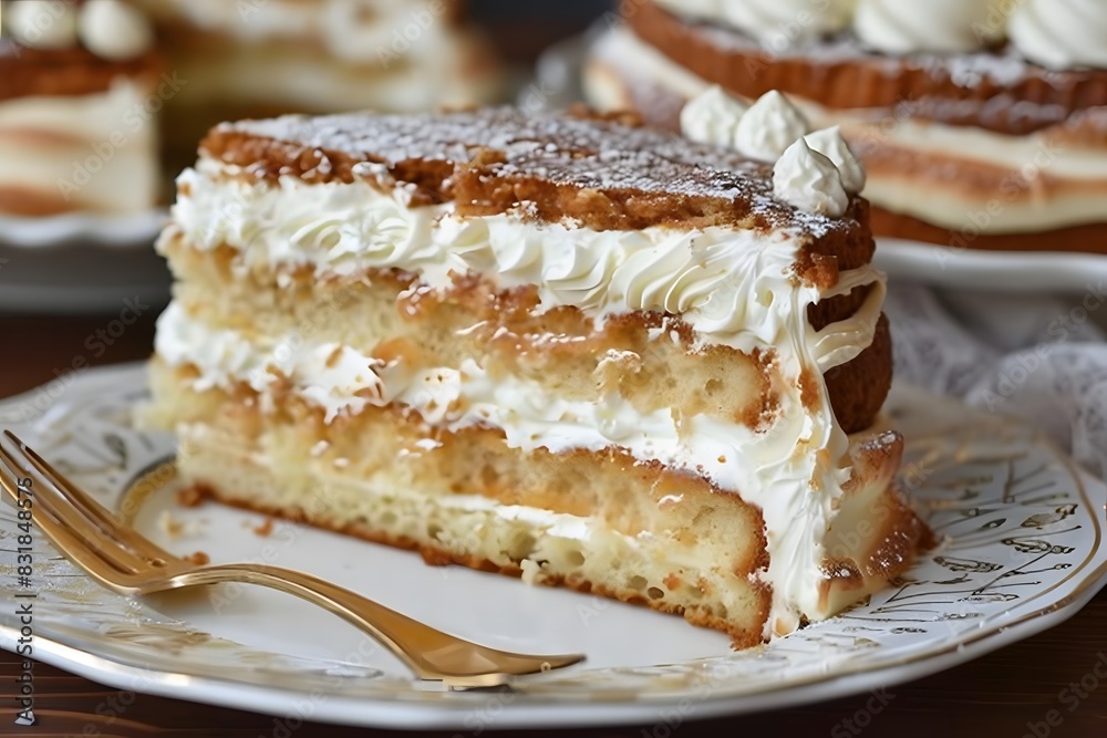 Cake with whipped cream on a plate with a fork.