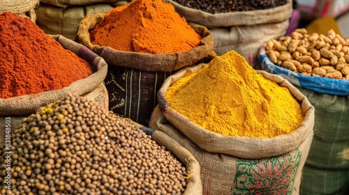 Fototapeta Naklejka Na Ścianę i Meble -  colorful various indian spices and dried herbs in bags, in an Indian street market