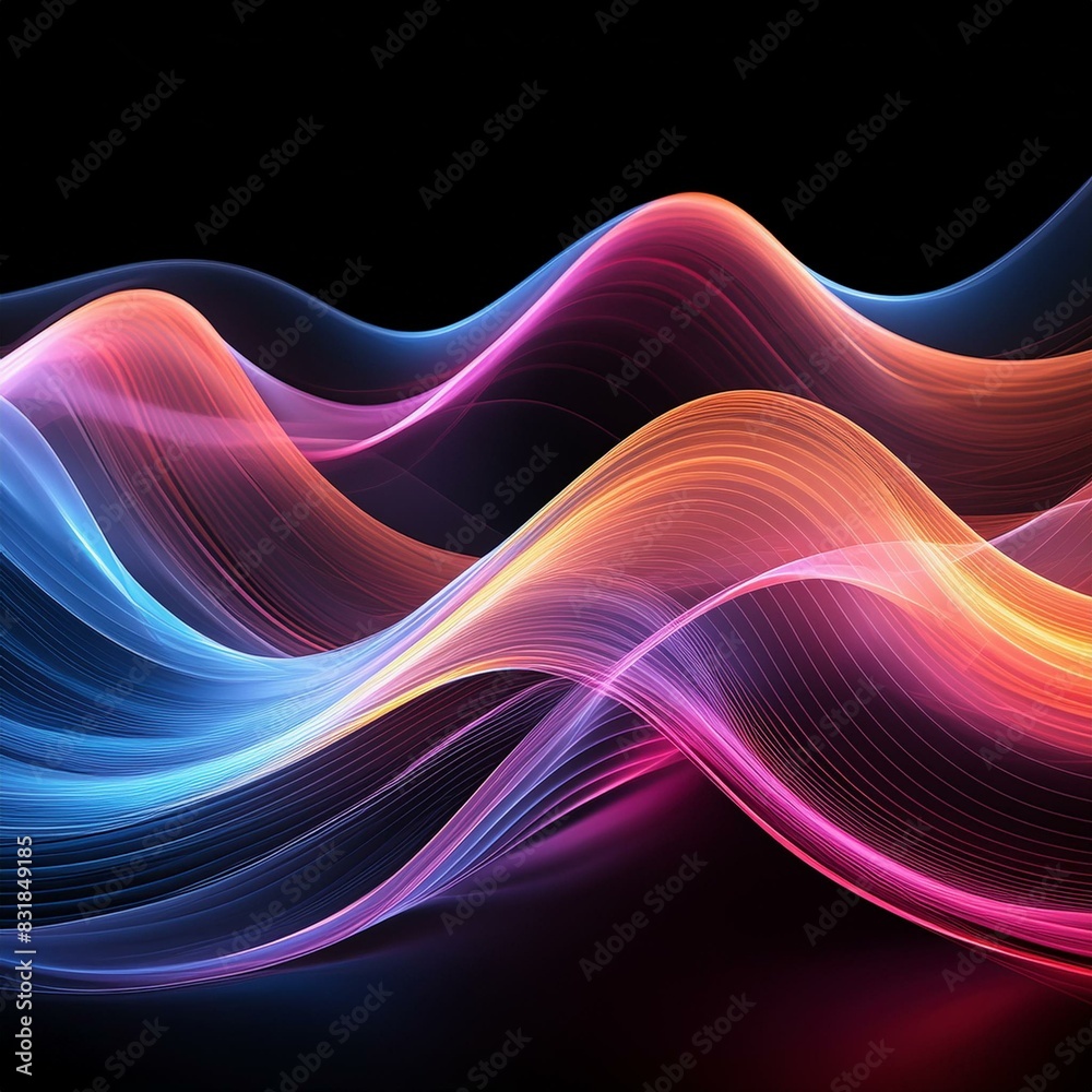 abstract background, translucent wave in vibrant colors, including shades of pink, purple, orange, and blue, set against a black background. abstract background, translucent wave in vibrant colors, including shades of pink, purple, orange, and blue, set against a black background.