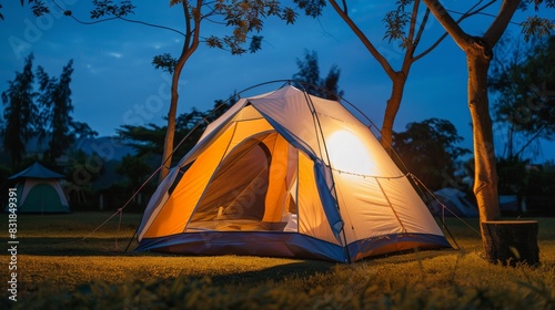 Outdoor camping tent with tarp or flysheet on grass courtyard and warm night light under dark blue sky twilight time, family vacation picnic on holiday relax, Overview of camping of family tourist