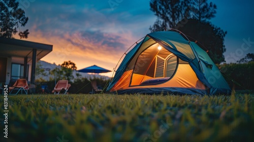 Outdoor camping tent with tarp or flysheet on grass courtyard and warm night light under dark blue sky twilight time, family vacation picnic on holiday relax, Overview of camping of family tourist