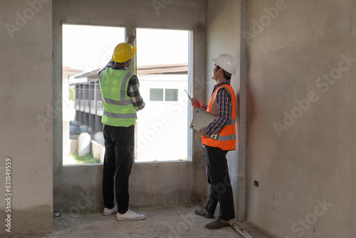 Foreman, engineer or architect wearing hard hat holds laptop and blueprints to check details about real estate construction in Construction area of ​​an unfinished building © MrAshi