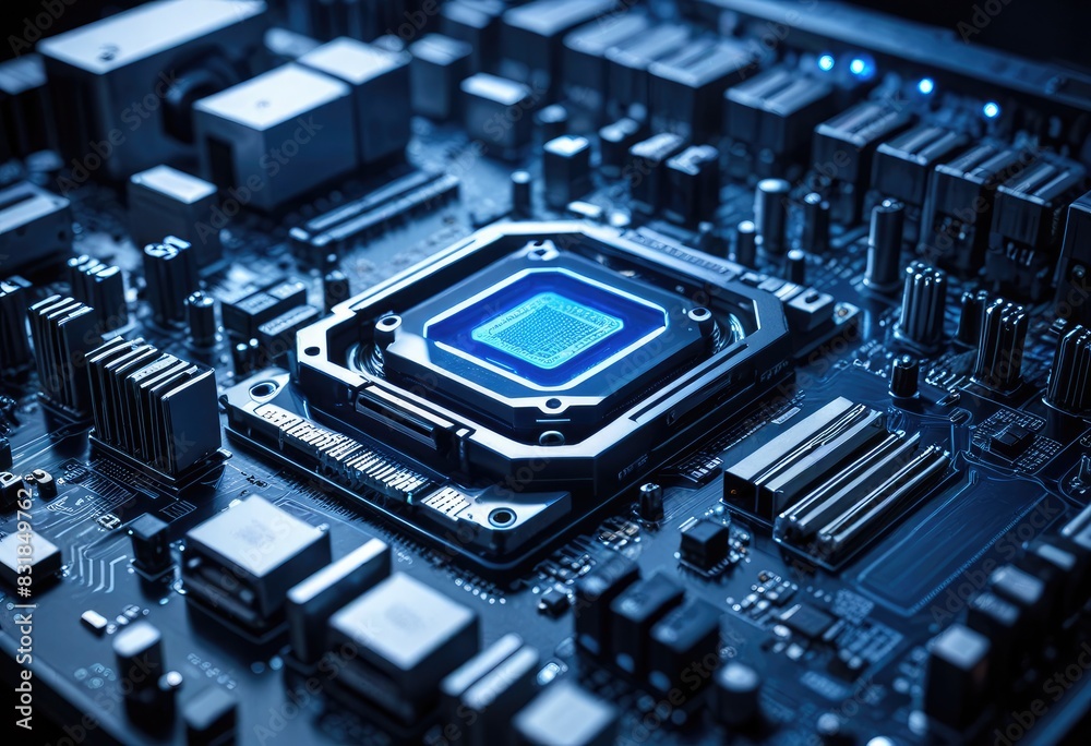 expansive, detailed motherboard landscape highlighting the central processing unit under soft blue illumination expansive, detailed motherboard landscape highlighting the central processing unit under soft blue illumination