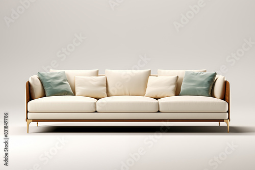 Elegant white leather sofa with green pillows isolated on white background 3D rendering photo