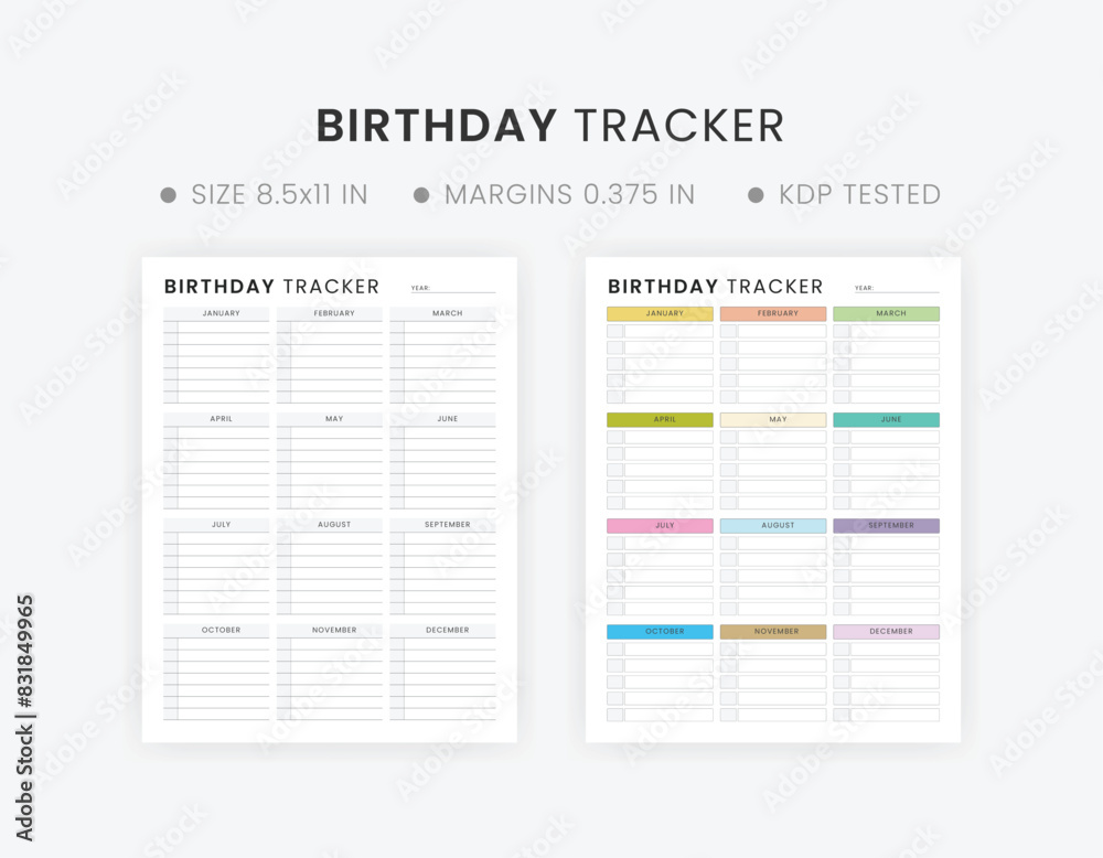 Printable Birthday Tracker Template, Birthday Calendar Design, Happy Birthday List, Birthday Planner Letter Size Paper Kdp Interior