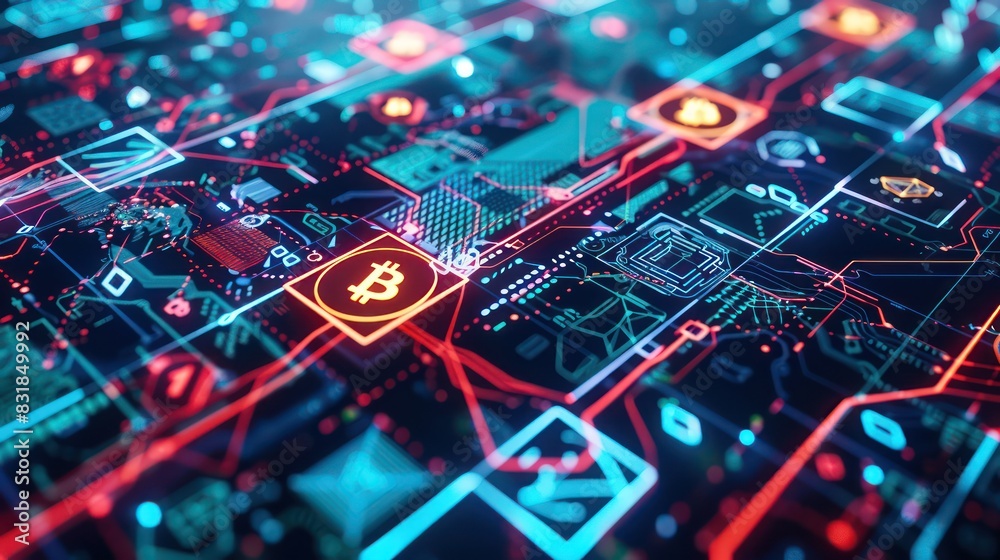 A vibrant background featuring cryptocurrency icons and digital wallets in a CGI 3D render, with modern Web 3.0 colors and abstract shapes creating an immersive environment. 