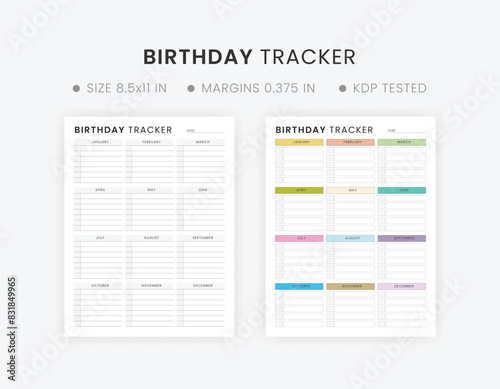 Printable Birthday Tracker Template, Birthday Calendar Design, Happy Birthday List, Birthday Planner Letter Size Paper Kdp Interior